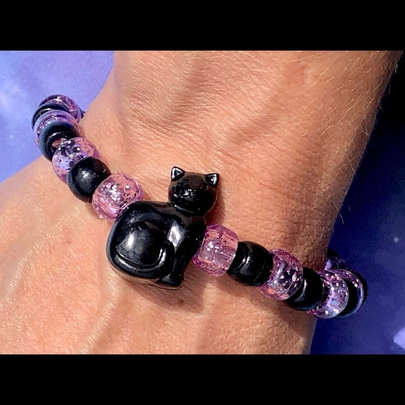 Black Cat Charm Beaded Bracelet - Goth, Emo, Witchy, Kitty - Picture 3 of 3